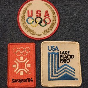 3 Olympic Sew-On Embroidery Patches ~ USA ~ 1980 Lake Placid ~ 1984 Sarajevo